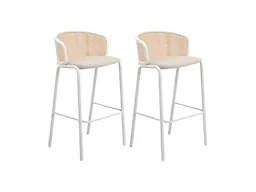 LeisureMod Ervilla Mid-Century Modern Wicker Bar Stool with Fabric Seat and White Powder Coated Steel Frame, Set of 2 in Beige