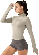 GGOV Crop Tops Women's Long Sleeve Workout Shirt with Half Zip Closure, Slim Fit, and Buttery-Soft Fabric Apricot M