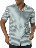 Amazon Essentials Men's Vacation Cotton Button-Down Short Sleeve Resort Shirt, Navy Stripe, X-Small
