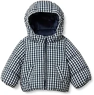 Amazon Essentials x Sofia Grainge Boys' Water-Repellent Hooded Puffer Jacket, Ivory Light Camel Gingham, XX-Large