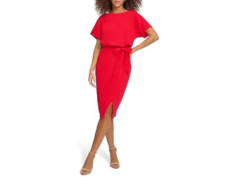 kensie Women's Short Sleeve Tie Waist Midi Dress
