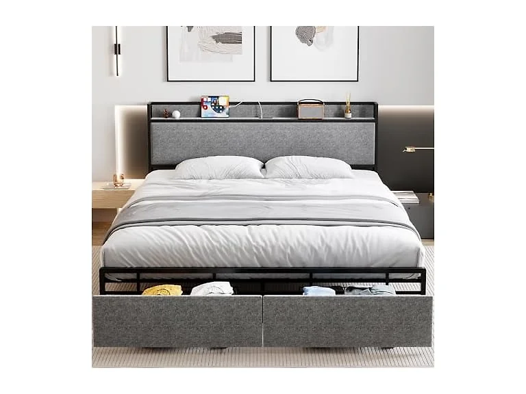 GAOMON Queen Bed 2 Drawers Charging Grey