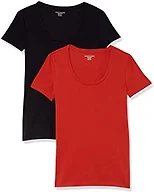 Amazon Essentials Women's Regular-Fit Short-Sleeve Scoop Neck Cotton T-Shirt, Pack of 2, Pack of 2, Black / Brick Red, X-Small
