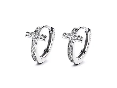 White Gold Plated Cross Huggie Earring