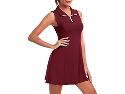 FKEEP Women's Golf Tennis Dress Athletic Workout Dress with Shorts and Pockets (Red Wine, L)