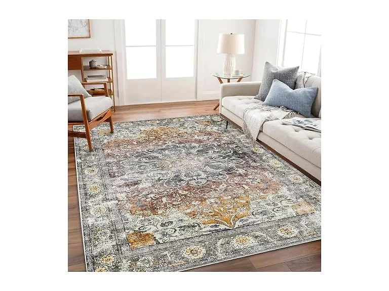 CHAMPLANT Tan/Gray Floral Print Area Rug