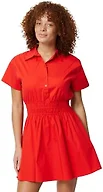 Amazon Essentials Women's Fit & Flare Cotton Poplin Collared Short Sleeve Dress with Elastic Waist, Red, Small