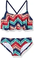 Kanu Surf Girls' Cindy Flounce Bikini Beach Sport 2 Piece Swimsuit, Kirsten Coral Chevron, 12