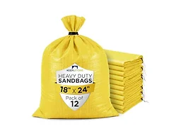 Heavy Duty Sand Bags Pack of 12, Bright Yellow Empty Sandbags with Built-In Ties, Woven Polypropylene UV Protection 1600 Hours, Fillable Bags for Flood Control, Weight, 18x24 inches, 60 Pounds Volume