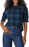 Amazon Essentials Women's Fluid Twill Short Puff Sleeve Smock Detail Shirt, Black Multi Chelsea Tartan, XX-Large