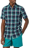 Amazon Essentials Men's Slim-Fit Short-Sleeve Poplin Shirt, Navy Green Plaid, X-Small