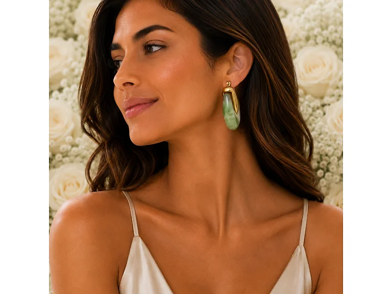 18K Gold Green Resin Hoop Earrings