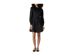 Amazon Essentials Women's Regular-Fit Cotton Sateen Tiered Shirt Dress with Puff Shoulder Sleeves, Collar Band, Button-Front, Black, X-Large