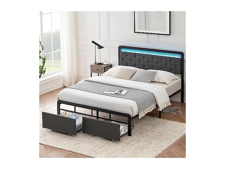 Queen Bed Frame w/ 2 Drawers, LED Light