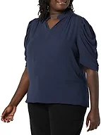 Amazon Essentials Women's Lightweight Georgette Half-Sleeve Ruffle Neck V-Neck Woven Blouse, Navy, X-Small