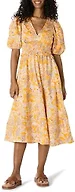 Amazon Essentials Women's Regular-Fit Cotton Sateen Puff Sleeve Midi Dress, V-Neck, Golden Yellow Beige Multi Folk Floral, Small