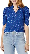Amazon Essentials Women's Lightweight Georgette Half-Sleeve Ruffle Neck V-Neck Woven Blouse, Bright Blue Ditsy Floral, Medium