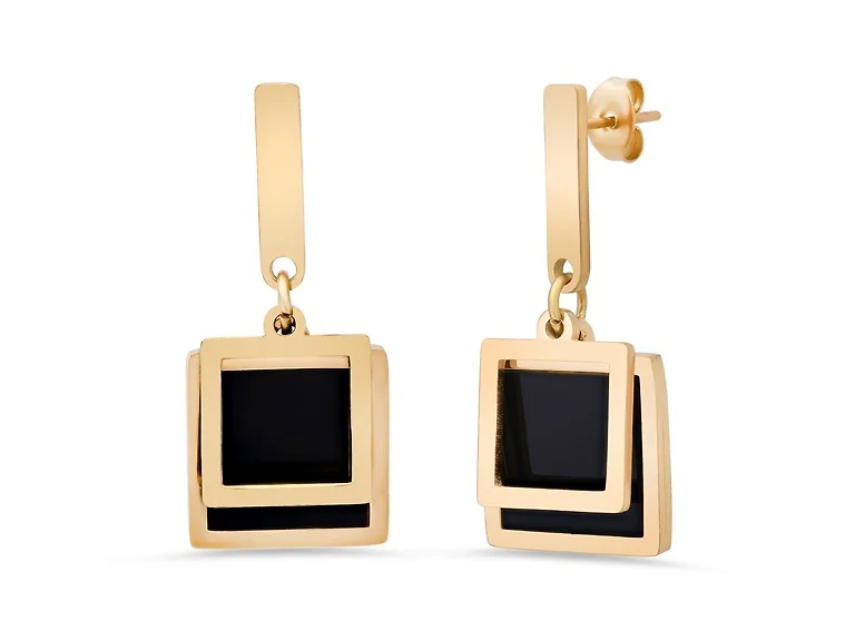 18K Gold Black Square Drop Earrings