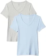 Amazon Essentials Women's 2-Pack Slim-Fit Short-Sleeve V-Neck T-Shirt, Light Blue/Light Grey Heather, Large