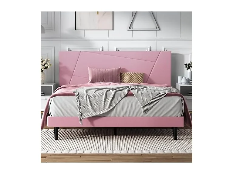 Queen Velvet Bed Frame, Geometric Pink