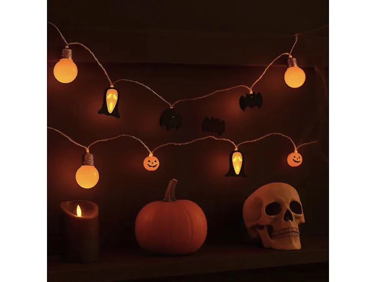 7 Ft Halloween String Lights – Battery Operated with Pumpkins, Bats, & Ghost Face