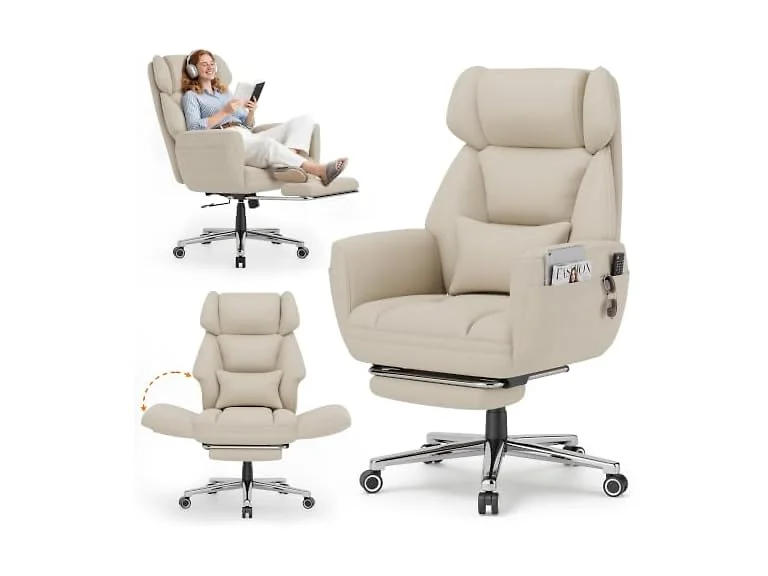 Ergonomic Criss Cross Office Chair with Footrest, Ivory