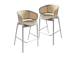 LeisureMod Ervilla Wicker Bar Stool with Fabric Seat and White Steel Frame - Taupe - Set of 2