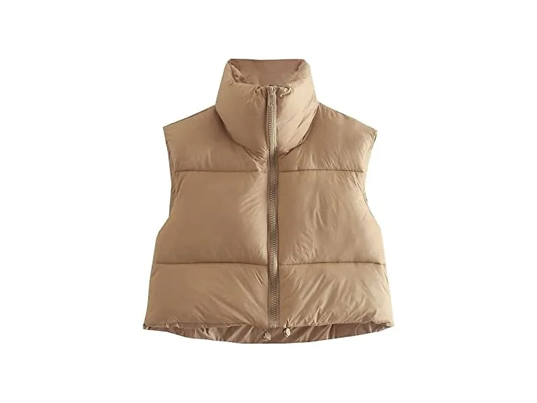 Houlengs Women (M) Stand Collar Crop Vest Khaki