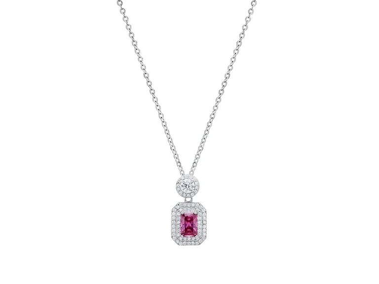 Pink Emerald Cut Diamond Halo Necklace