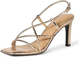 Amazon Essentials Women's Strappy Stiletto Heel Sandals with Ankle Strap, Pale Gold Faux Snakeskin, 6.5