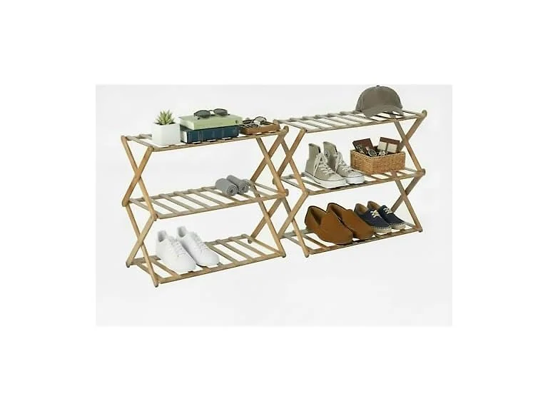 Basicwise Set of 2 Foldable Bamboo Shoe Rack 3 Tier