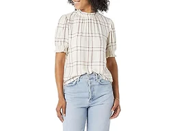 Amazon Essentials Women's Fluid Twill Short Puff Sleeve Ruffle Smock Detail Blouse, Burgundy Ecru Plaid, Medium