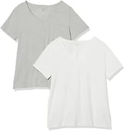 Amazon Essentials Women's Plus Size Short-Sleeve V-Neck T-Shirt, Pack of 2, White/Light Grey Heather, 1X