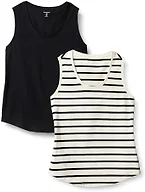 Amazon Essentials Women's Regular-Fit 100% Cotton Sleeveless Tank Top, Pack of 2, Black/Mariner Stripe, XX-Small