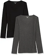 Amazon Essentials Women's Slim-Fit Long Sleeve V-Neck Knit Rib Shirts (Available in Plus Size), Pack of 2, Black/Charcoal Heather, 6X