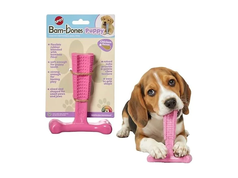 SPOT Bam-Bones Puppy T-Bone Dog Chew Toy, Chicken, Pink