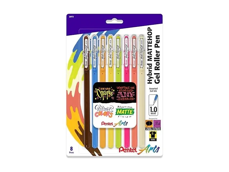 Pentel Arts Mattehop Gel Pen, (1.0mm), Bold Line, 8 Colors