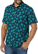 Amazon Essentials Men's Short Sleeve Button Down Shirt, Stretch Cotton, Blue Peach Plaid, Available in Big & Tall, Navy/Teal Blue, Palm Leaf, X-Small