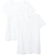Amazon Essentials Women's Regular-Fit Short-Sleeve V-Neck T-Shirt, Pack of 2, White, X-Small