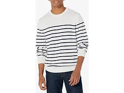 Amazon Essentials Men's Cable Knit Long-Sleeve Crewneck Sweater, 100% Cotton, Big & Tall Options Available, Navy White Placed Stripe, XX-Large