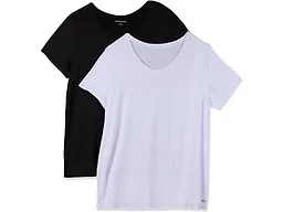 Amazon Essentials Women's Active Quick Dry Tech Stretch Short-Sleeve V-Neck T-Shirt, Moisture-Wicking, Pack of 2, Black/Bright White, X-Small