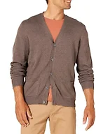 Amazon Essentials Men's V-Neck Cotton Knitted Cardigan Sweater, Ribbed, Brown Heather, Small