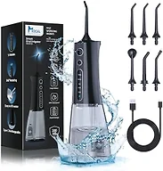 MOCEL Cordless Water Dental Flosser for Teeth, 300ML Portable Oral Irrigator with OLED Display and Child Mode, 5 Pressure Settings, 6 Tips, USB-C, IPX7 Waterproof, Braces and Family Care, Black