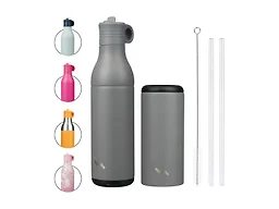 Konokyo 13 oz Stainless Steel Water Bottle with Straw, Insulated, Reusable Metal Travel Bottle with Bottom Removable Cup, BPA Free, Leak Proof, Grey