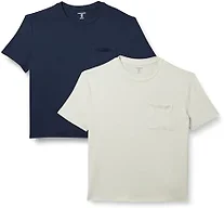 Amazon Essentials Womens Jersey Relaxed-Fit Short-Sleeve Crewneck Pocket T-Shirt, Pack of 2, Navy/Sand, Small