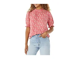 Amazon Essentials Women's Fluid Twill Short Puff Sleeve Ruffle Smock Detail Blouse, Raspberry Red Floral, Small