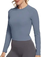 GGOV Womens Long Sleeve Crop Workout Tops Yoga Cropped Top Gym Shirts Athletic Clothes Slim Fit Blue a