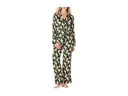 Amazon Essentials Women's Satin Long Sleeve Shirt and Pant Pajama Set, Dark Green Beige Zebra, Medium