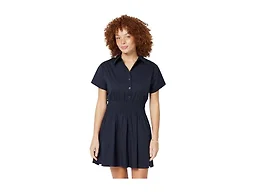 Amazon Essentials Women's Fit & Flare Cotton Poplin Collared Short Sleeve Dress with Elastic Waist, Navy, XX-Large