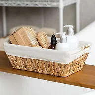 Suptinwear Set of 2 Water Hyacinth Wicker Storage Baskets with Handles, Medium Trapezoid Woven Baskets with Liner for Snacks, Office Supplies, Paper, and Small Items, 12.6"L x 8.7"W x 4.3"H